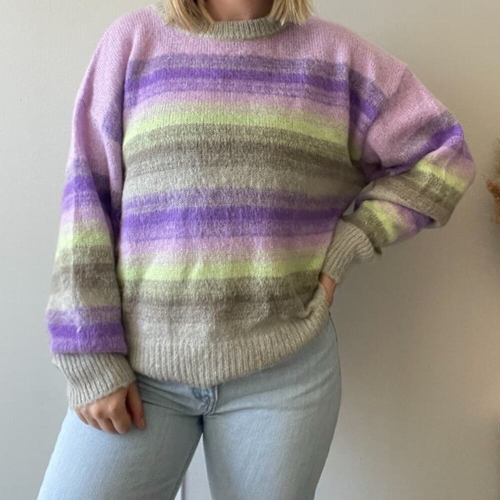 Anthropologie Essentiel Antwerp Purple Green Como Stripe Mohair Crew - Picture 5 of 7